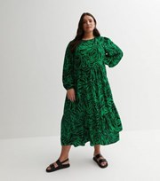 New Look Curves Green Animal Print Puff Sleeve Midi Smock Dress